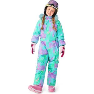 Haloumoning Girls Colorful One Piece Snowsuits Kids Hooded Fleece-Lined Waterproof Ski Suits Coveralls Winter Jumpsuits(Green)