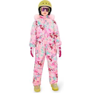Haloumoning Girls Colorful One Piece Snowsuits Kids Hooded Fleece-Lined Waterproof Ski Suits Coveralls Winter Jumpsuits(Light Pink)