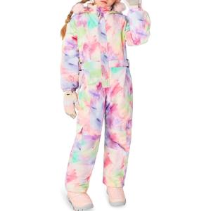 Haloumoning Girls Colorful One Piece Snowsuits Kids Hooded Fleece-Lined Waterproof Ski Suits Coveralls Winter Jumpsuits(Pink)