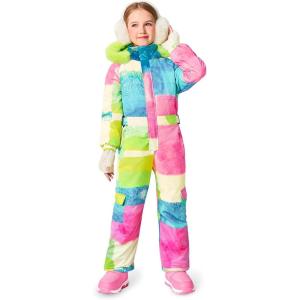 Haloumoning Girls Colorful One Piece Snowsuits Kids Hooded Fleece-Lined Waterproof Ski Suits Coveralls Winter Jumpsuits(Rainbow)