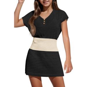 Haloumoning Girls Crochet Swim Beach Cover Up Kids Fashion Button Short Sleeve Swimsuits Cover Ups 5-14 Years(Black and White)