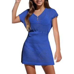 Haloumoning Girls Crochet Swim Beach Cover Up Kids Fashion Button Short Sleeve Swimsuits Cover Ups 5-14 Years(Navy Blue)