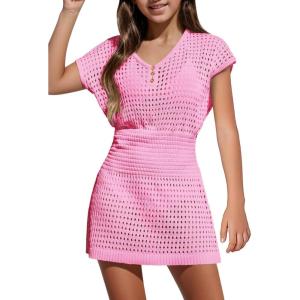 Haloumoning Girls Crochet Swim Beach Cover Up Kids Fashion Button Short Sleeve Swimsuits Cover Ups 5-14 Years(Pink)