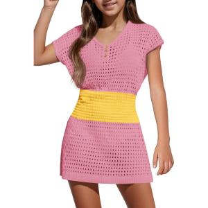 Haloumoning Girls Crochet Swim Beach Cover Up Kids Fashion Button Short Sleeve Swimsuits Cover Ups 5-14 Years(Pink and Yellow)