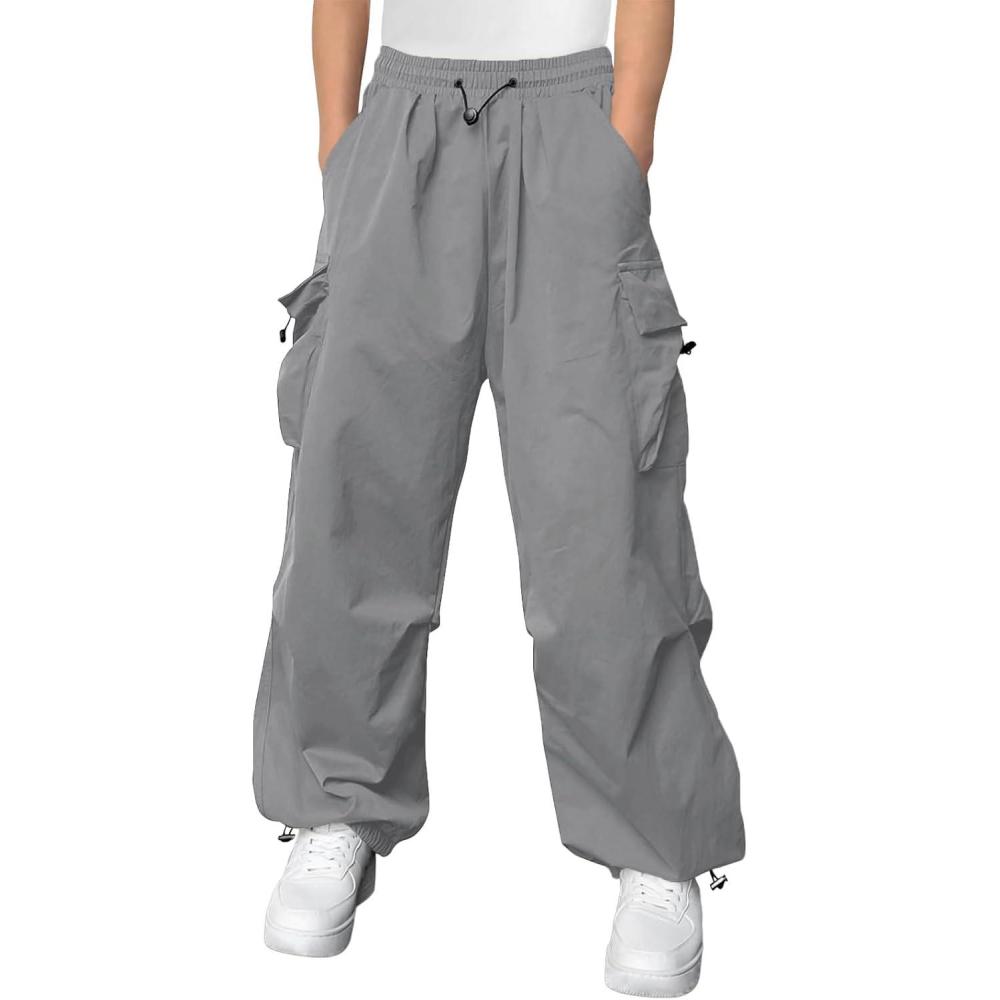 imageHaloumoning Boys Baggy Cargo Pants Casual Loose Fit Parachute Pant Fashion Harem Joggers with PocketsGrey