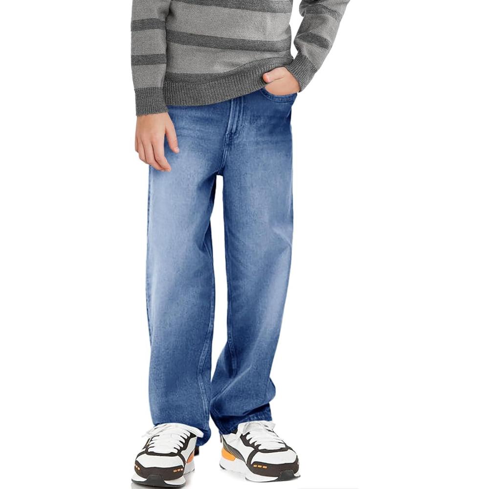 imageHaloumoning Boys Casual Baggy Denim Pants Kids Elastic Waist Wide Leg Jeans with Pockets 514 YearsBlue