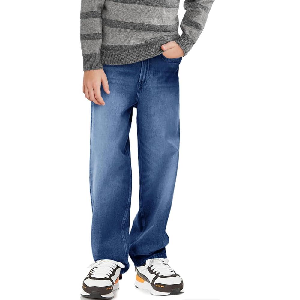 imageHaloumoning Boys Casual Baggy Denim Pants Kids Elastic Waist Wide Leg Jeans with Pockets 514 YearsDark Blue