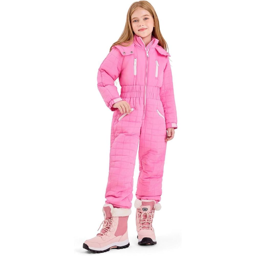 imageHaloumoning Kids Snow Suit Girls Hooded Waterproof Insulated One Piece Ski Suit 514 YearsPink
