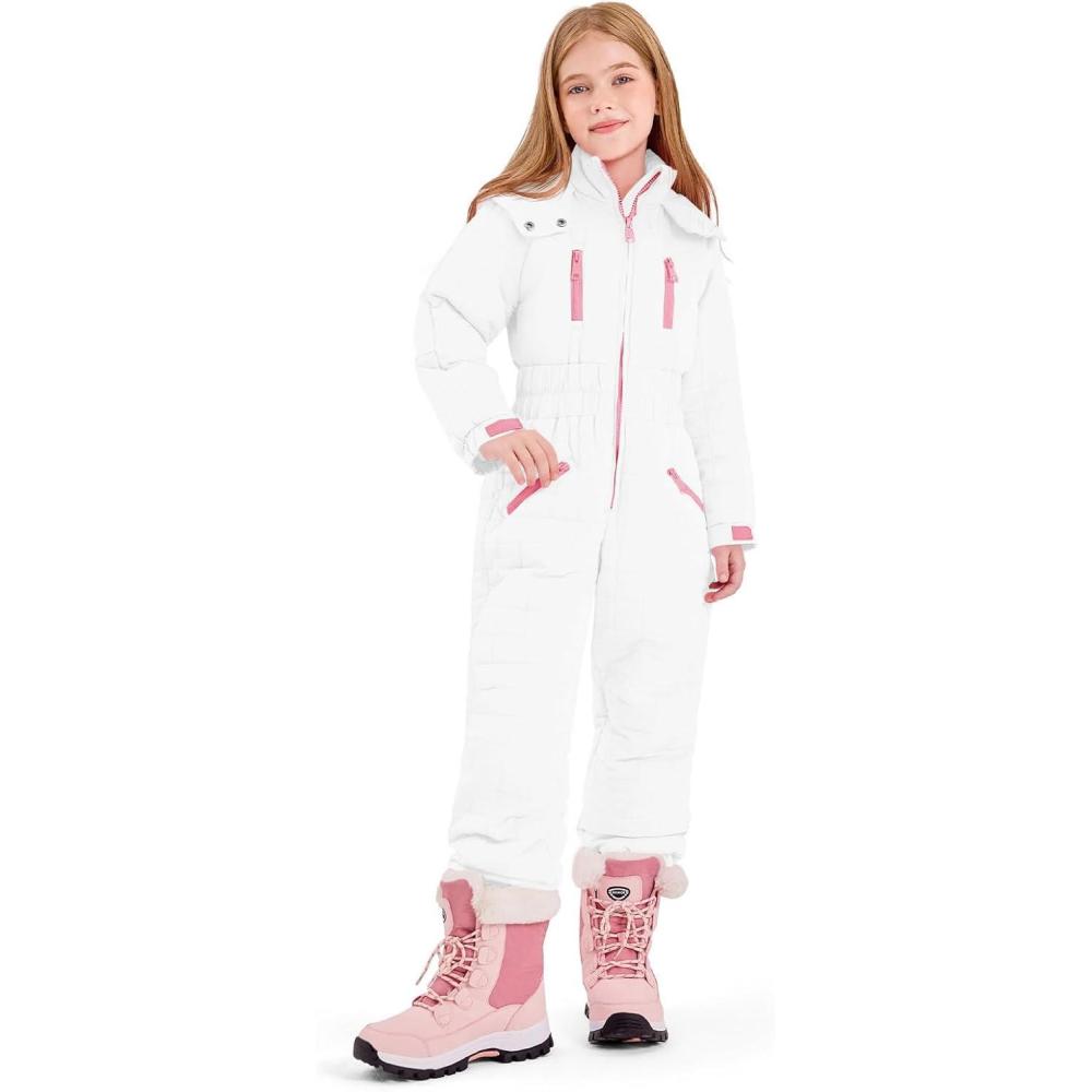 imageHaloumoning Kids Snow Suit Girls Hooded Waterproof Insulated One Piece Ski Suit 514 YearsWhite