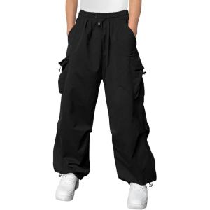 Haloumoning Boys Baggy Cargo Pants Casual Loose Fit Parachute Pant Fashion Harem Joggers with Pockets(Black)