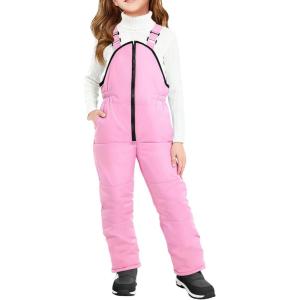Haloumoning Girls Snow Bibs Kids Fleece Lined Waterproof Ski Pants Overalls with Pockets 4-12 Years(Light Pink)