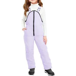 Haloumoning Girls Snow Bibs Kids Fleece Lined Waterproof Ski Pants Overalls with Pockets 4-12 Years(Purple)