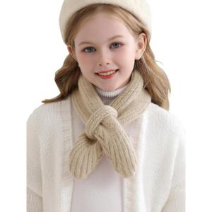 Haloumoning Kids Girls Knit Scarf Toddler Warm Winter Cross Tie Wrap Neck Warmer Cute Scarves 1-14 Years(Beige)
