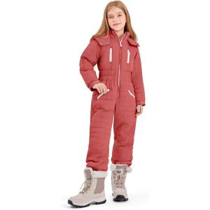Haloumoning Kids Snow Suit Girls Hooded Waterproof Insulated One Piece Ski Suit 5-14 Years(Coral Pink)