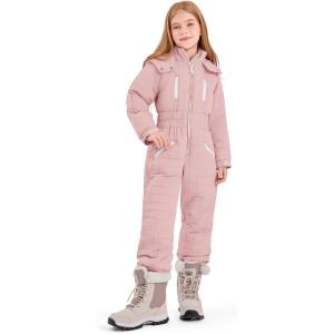 Haloumoning Kids Snow Suit Girls Hooded Waterproof Insulated One Piece Ski Suit 5-14 Years(Light Pink)