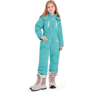 Haloumoning Kids Snow Suit Girls Hooded Waterproof Insulated One Piece Ski Suit 5-14 Years(Mint Green)