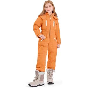 Haloumoning Kids Snow Suit Girls Hooded Waterproof Insulated One Piece Ski Suit 5-14 Years(Orange)