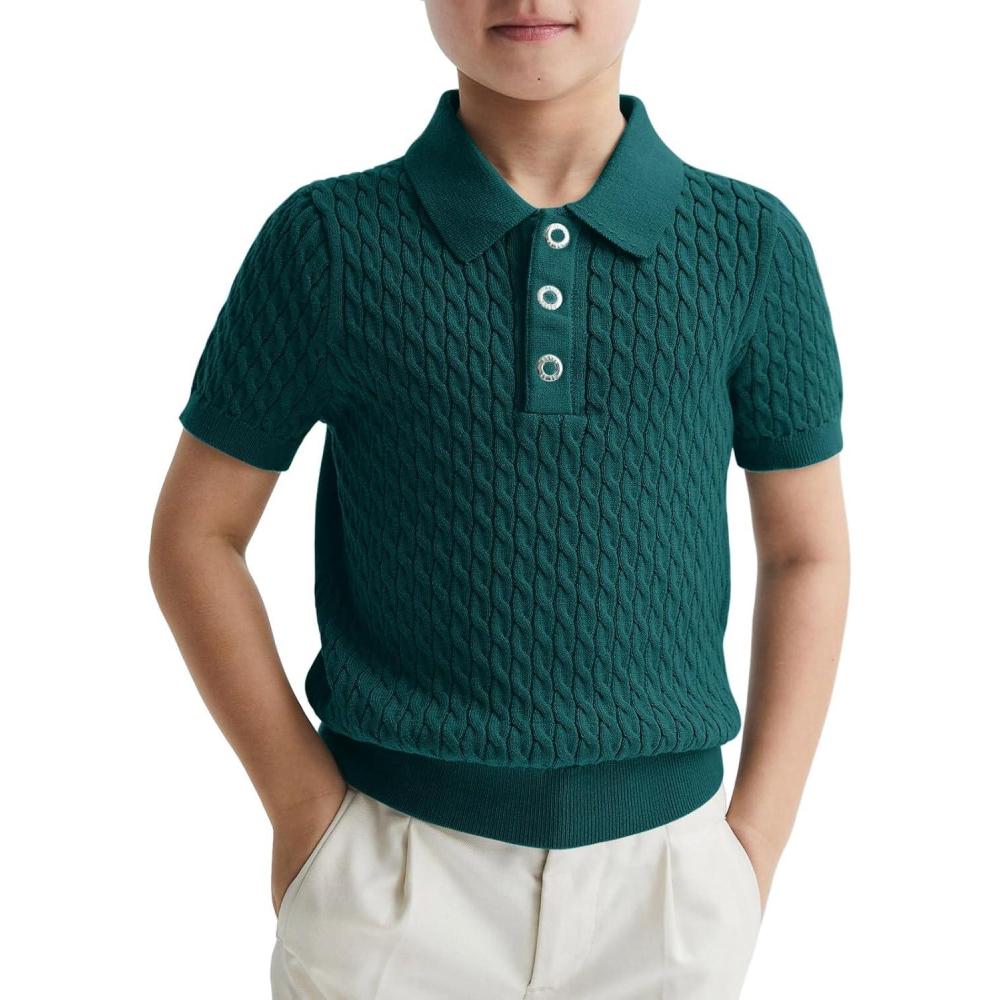 imageHaloumoning Boys Cable Knit Polo Shirt Kids Short Sleeve Sweater Fashion Pullover Tops Clothes 514 YearsGreen