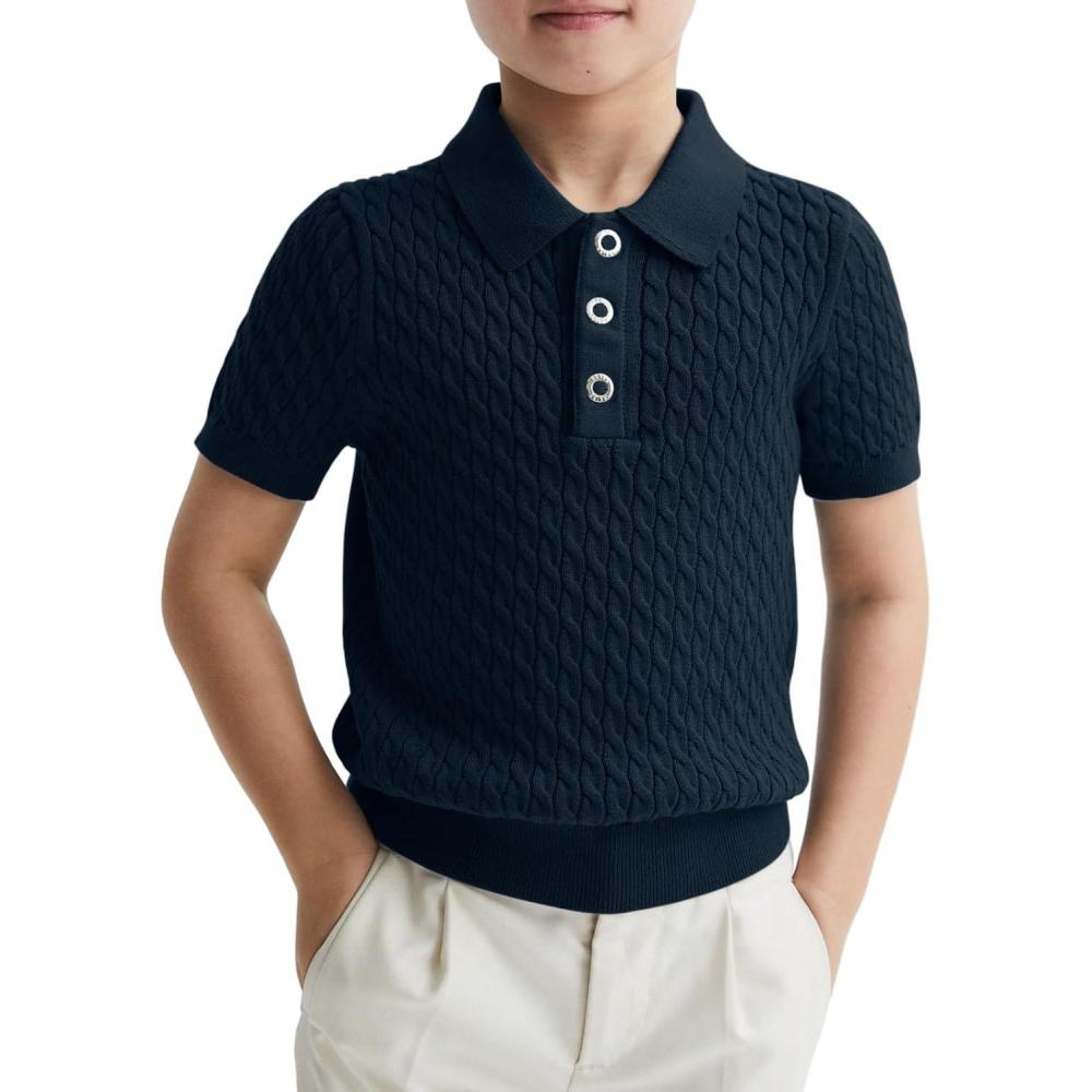 imageHaloumoning Boys Cable Knit Polo Shirt Kids Short Sleeve Sweater Fashion Pullover Tops Clothes 514 YearsNavy Blue