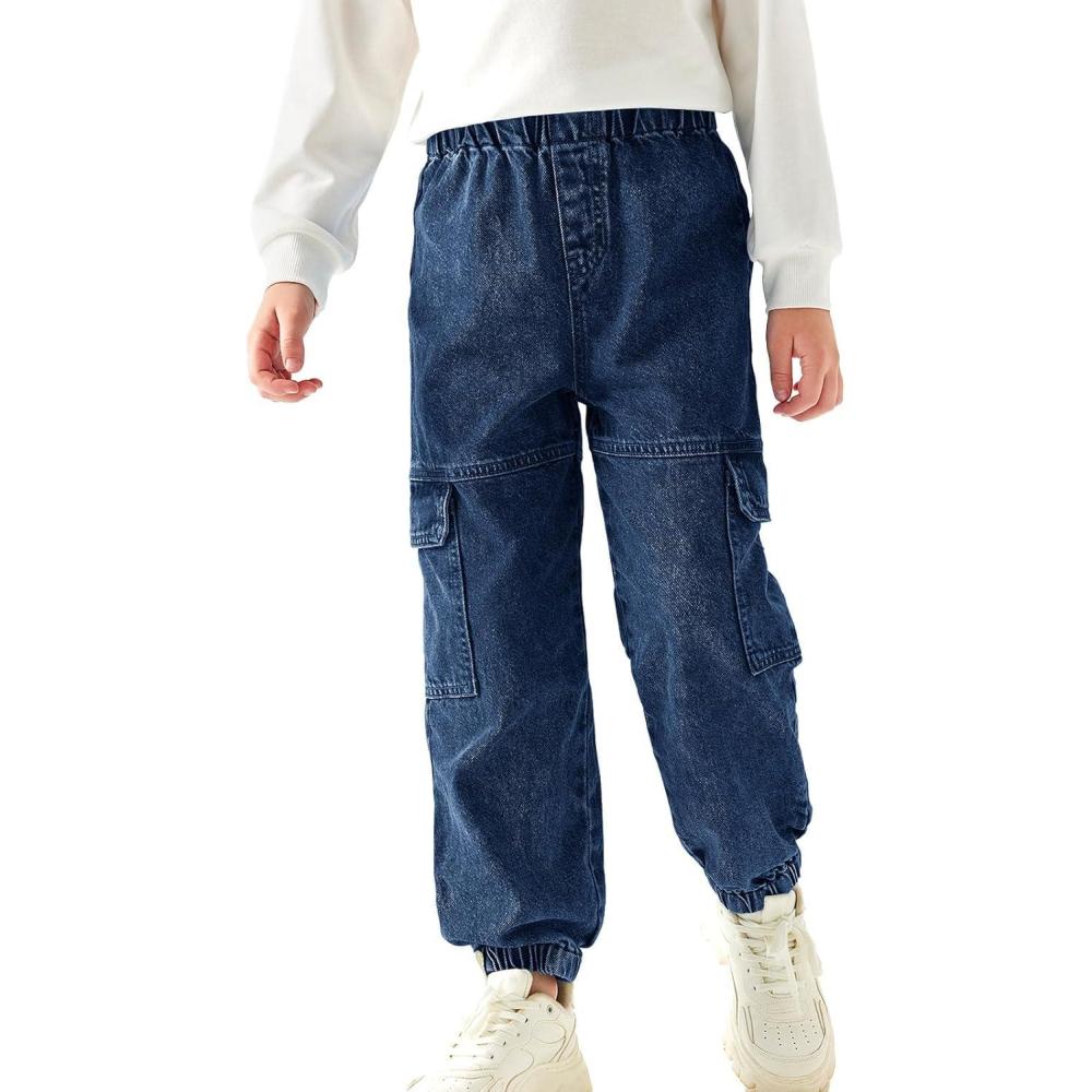 imageHaloumoning Boys Cargo Jeans Kids Elastic Waist Jogger Denim Pants Casual Trousers with Pockets 414 Years