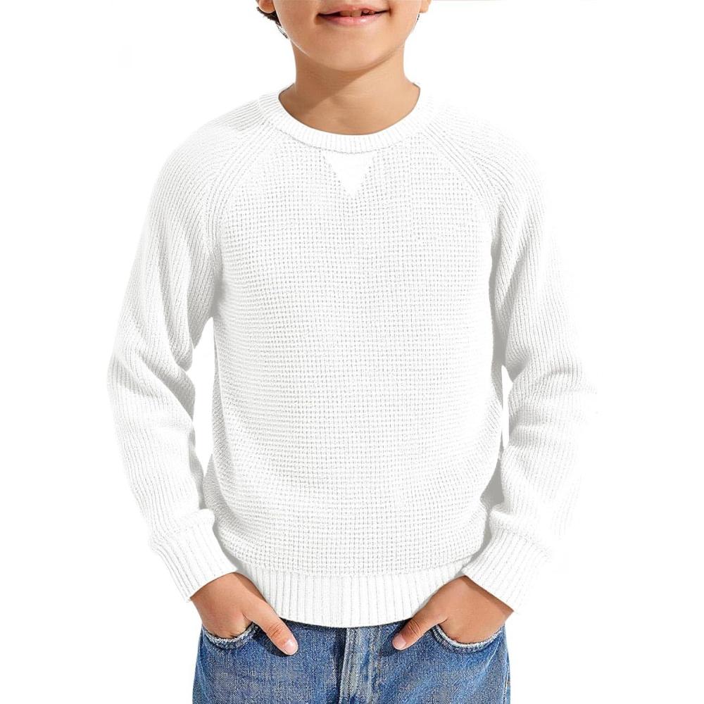 imageHaloumoning Boys Crewneck Pullover Sweater Kids Waffle Textured Raglan Sleeve Knitted Sweaters 514 YearsWhite