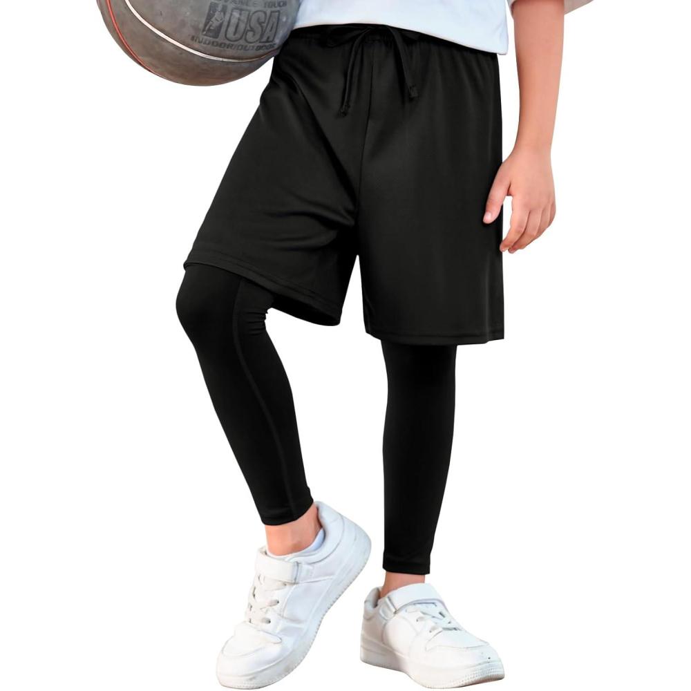 imageHaloumoning Boys Sports Leggings with Shorts Kids 2 in 1 Running Workout Athletic Legging Pants 514 YearsBlack