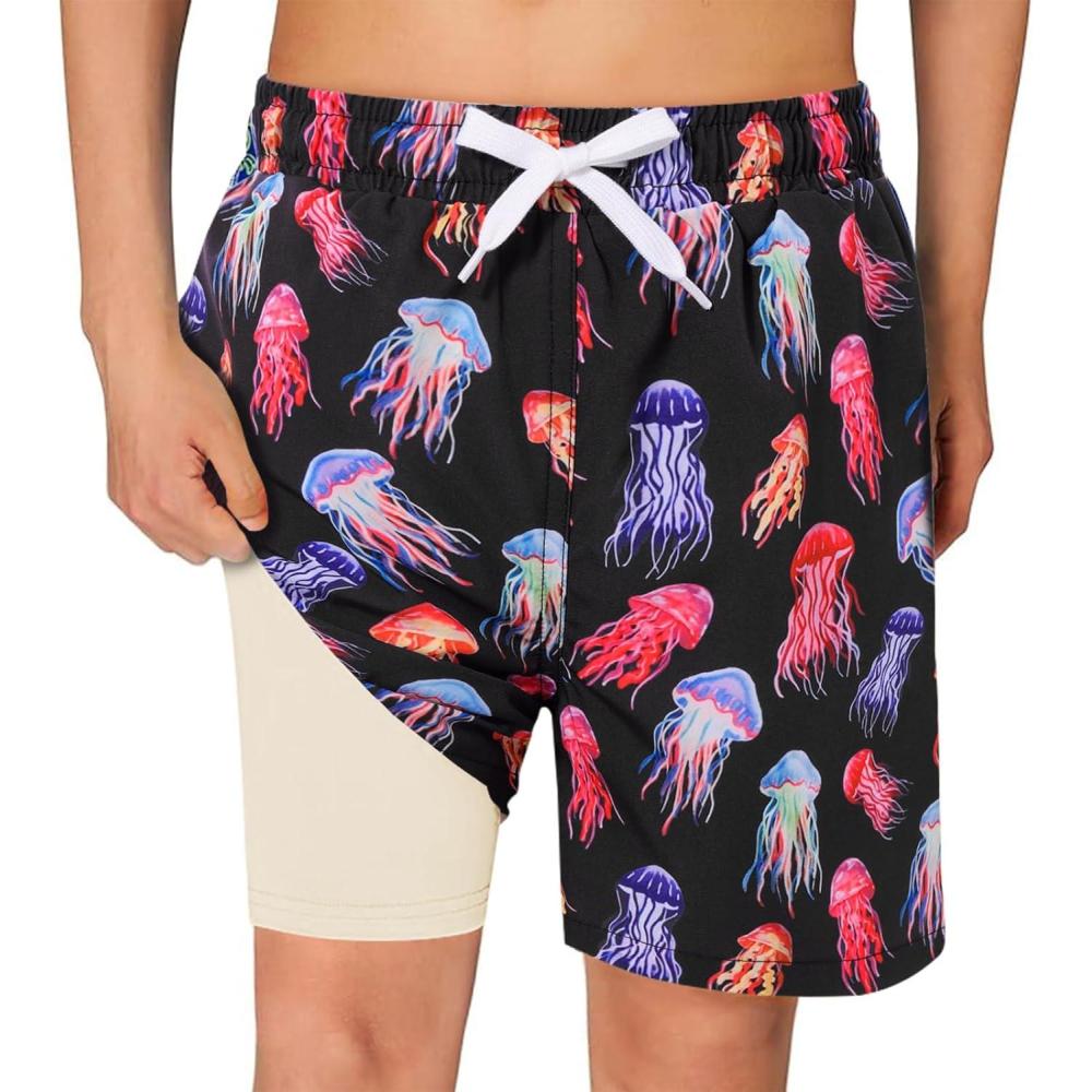 imageHaloumoning Boys Swim Trunks with Compression Liner Kids Drawstring Bathing Suit Quick Dry Swim Shorts 514 YearsRose Red