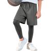 Haloumoning Boys Sports Leggings with Shorts Kids 2 in 1 Running Workout Athletic Legging Pants 5-14 Years(Grey)