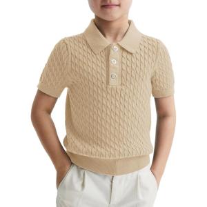 Haloumoning Boys Cable Knit Polo Shirt Kids Short Sleeve Sweater Fashion Pullover Tops Clothes 5-14 Years(Beige)