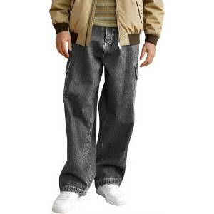 Haloumoning Boys Cargo Baggy Pants Elastic Waist Wide Leg Jeans Casual Demin Pants with Pockets 5-14 Years(Grey)