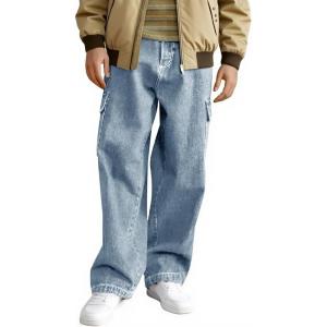 Haloumoning Boys Cargo Baggy Pants Elastic Waist Wide Leg Jeans Casual Demin Pants with Pockets 5-14 Years(Light Blue)