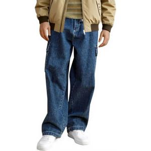 Haloumoning Boys Cargo Baggy Pants Elastic Waist Wide Leg Jeans Casual Demin Pants with Pockets 5-14 Years(Navy Blue)