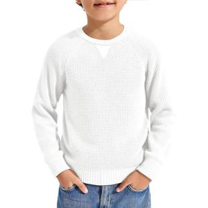 Haloumoning Boys Crewneck Pullover Sweater Kids Waffle Textured Raglan Sleeve Knitted Sweaters 5-14 Years(White)