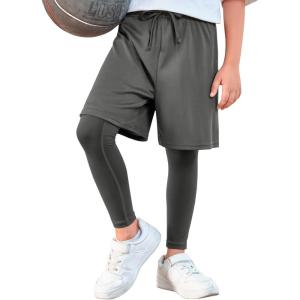 Haloumoning Boys Sports Leggings with Shorts Kids 2 in 1 Running Workout Athletic Legging Pants 5-14 Years(Grey)