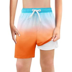Haloumoning Boys Swim Trunks with Boxer Brief Liner Kids Gradient Quick Dry Swimming Shorts 5-14 Years(Blue and Orange)