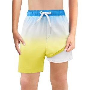 Haloumoning Boys Swim Trunks with Boxer Brief Liner Kids Gradient Quick Dry Swimming Shorts 5-14 Years(Blue and Yellow)