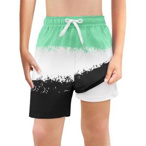 Haloumoning Boys Swim Trunks with Boxer Brief Liner Kids Gradient Quick Dry Swimming Shorts 5-14 Years(Green and Black)