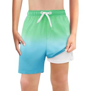 Haloumoning Boys Swim Trunks with Boxer Brief Liner Kids Gradient Quick Dry Swimming Shorts 5-14 Years(Green and Blue)