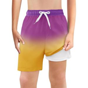 Haloumoning Boys Swim Trunks with Boxer Brief Liner Kids Gradient Quick Dry Swimming Shorts 5-14 Years(Purple and Yellow)