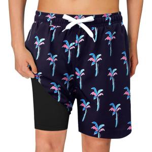 Haloumoning Boys Swim Trunks with Compression Liner Kids Drawstring Bathing Suit Quick Dry Swim Shorts 5-14 Years(Black)