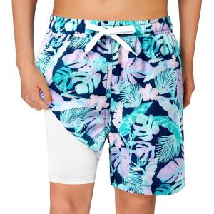 Haloumoning Boys Swim Trunks with Compression Liner Kids Drawstring Bathing Suit Quick Dry Swim Shorts 5-14 Years(Green)