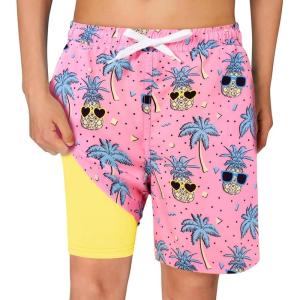 Haloumoning Boys Swim Trunks with Compression Liner Kids Drawstring Bathing Suit Quick Dry Swim Shorts 5-14 Years(Light Pink)