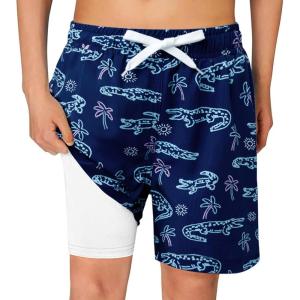 Haloumoning Boys Swim Trunks with Compression Liner Kids Drawstring Bathing Suit Quick Dry Swim Shorts 5-14 Years(Navy Blue)