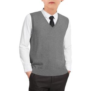 Boys Sweater Vest Kids Solid School Uniform Sleeveless Knit Sweaters Tops 5-14 Years(Grey)