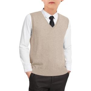 Boys Sweater Vest Kids Solid School Uniform Sleeveless Knit Sweaters Tops 5-14 Years(Khaki)