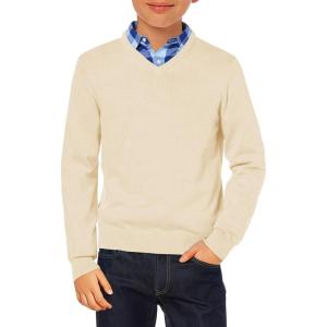 Haloumoning Boys School Uniform Sweater Kids Long Sleeve V Neck Pullover Fall Winter Clothes 5-14 Years(Beige)