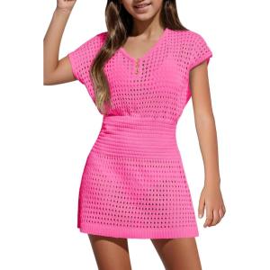 Haloumoning Girls Crochet Swim Beach Cover Up Kids Fashion Button Short Sleeve Swimsuits Cover Ups 5-14 Years(Hot Pink)