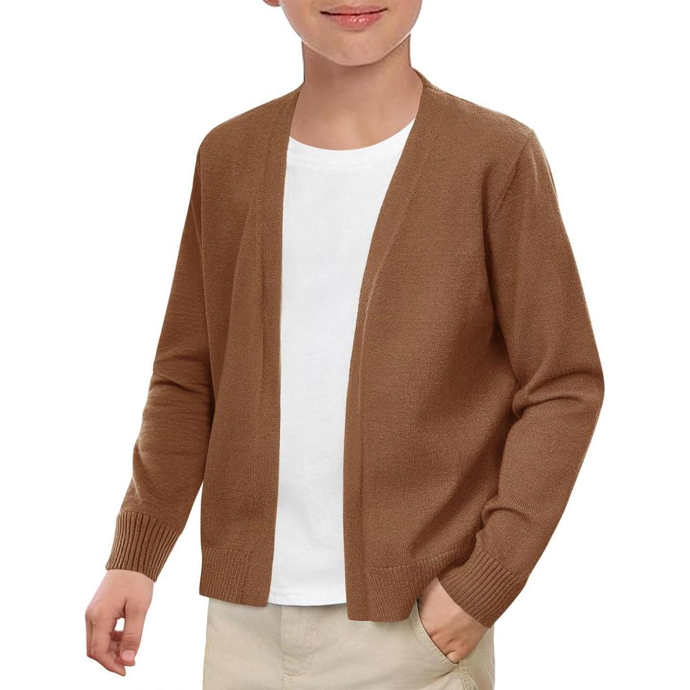 imageHaloumoning Boys School Uniform Cardigan Sweater Kids Knit Open Front Long Sleeve Outerwear 514 YearsBrown
