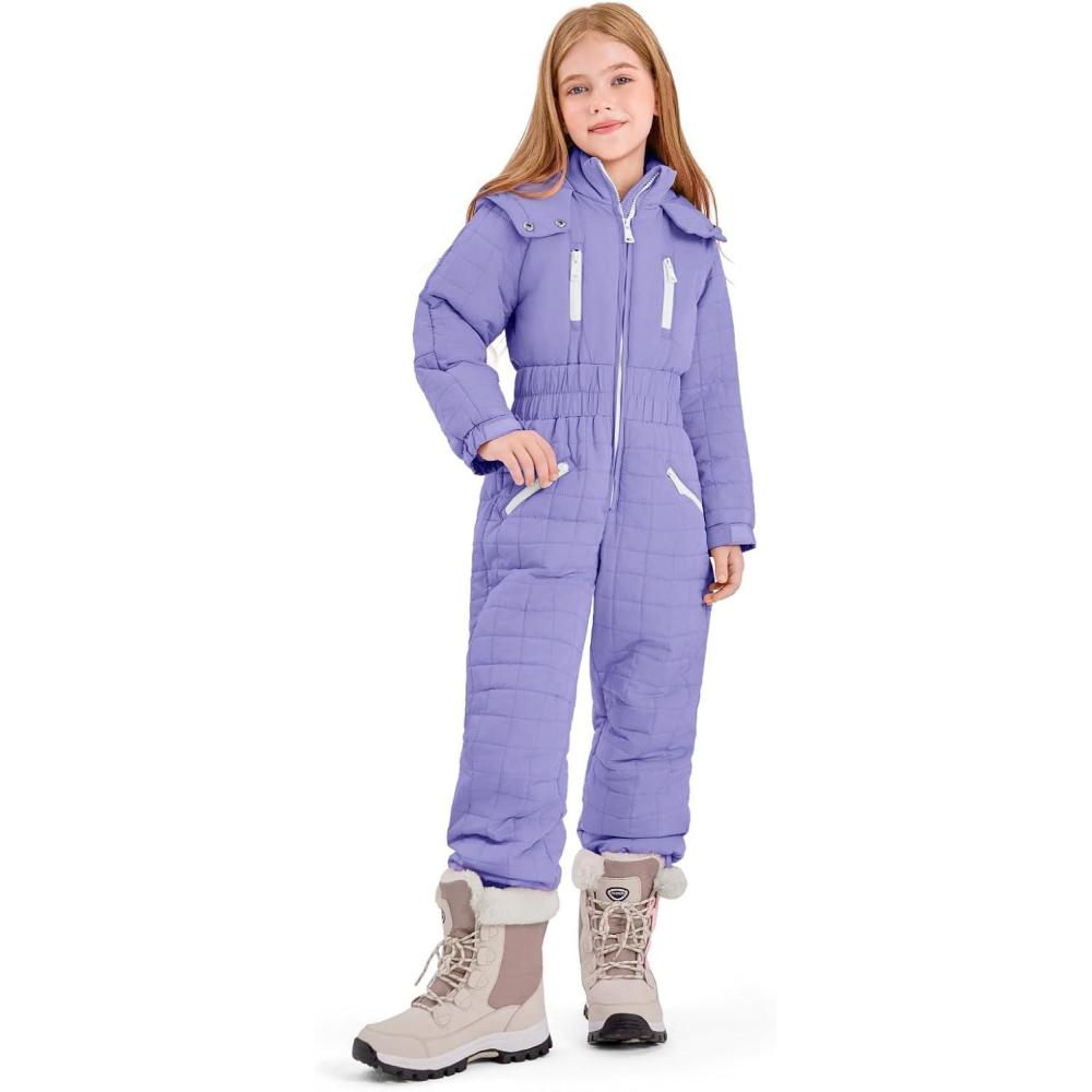 imageHaloumoning Kids Snow Suit Girls Hooded Waterproof Insulated One Piece Ski Suit 514 YearsPurple