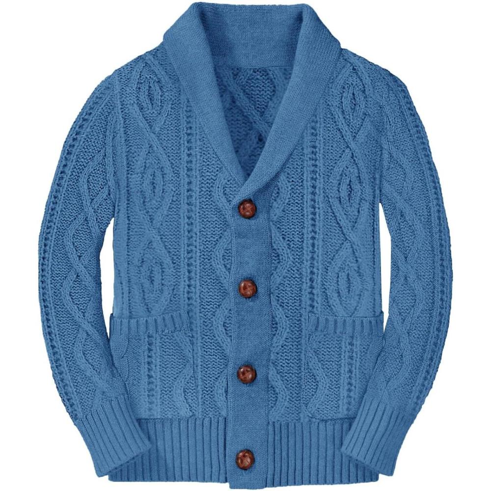 imageBoys Sweater Cardigan Button Down Shawl Collar Cable Knitted Outwear Long Sleeve Sweater Coats with PocketsBlue